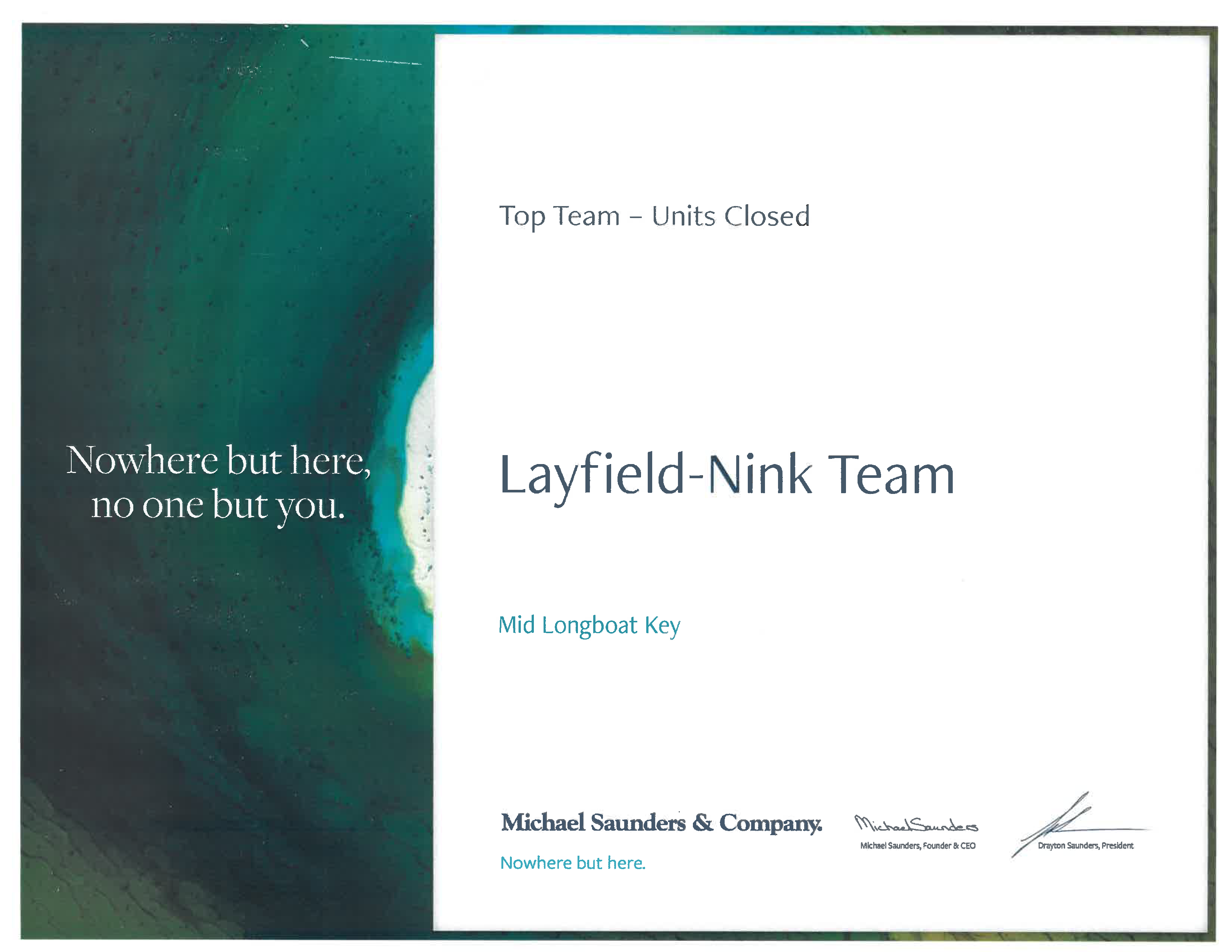 Layfield-Nink Team Top Units Closed Award 2021 for Longboat Key Properties