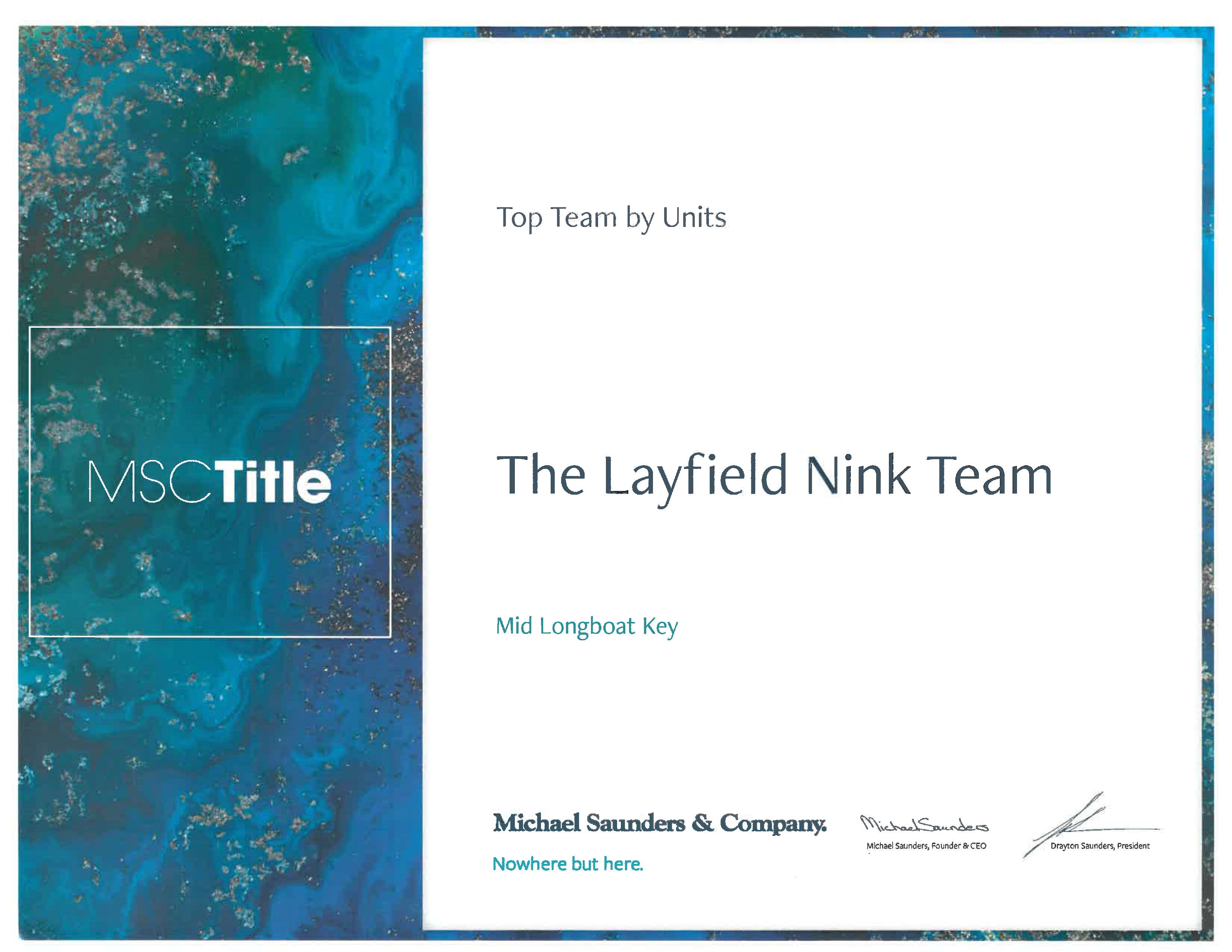 Layfield-Nink Team Top Units Award 2021 for Longboat Key Properties