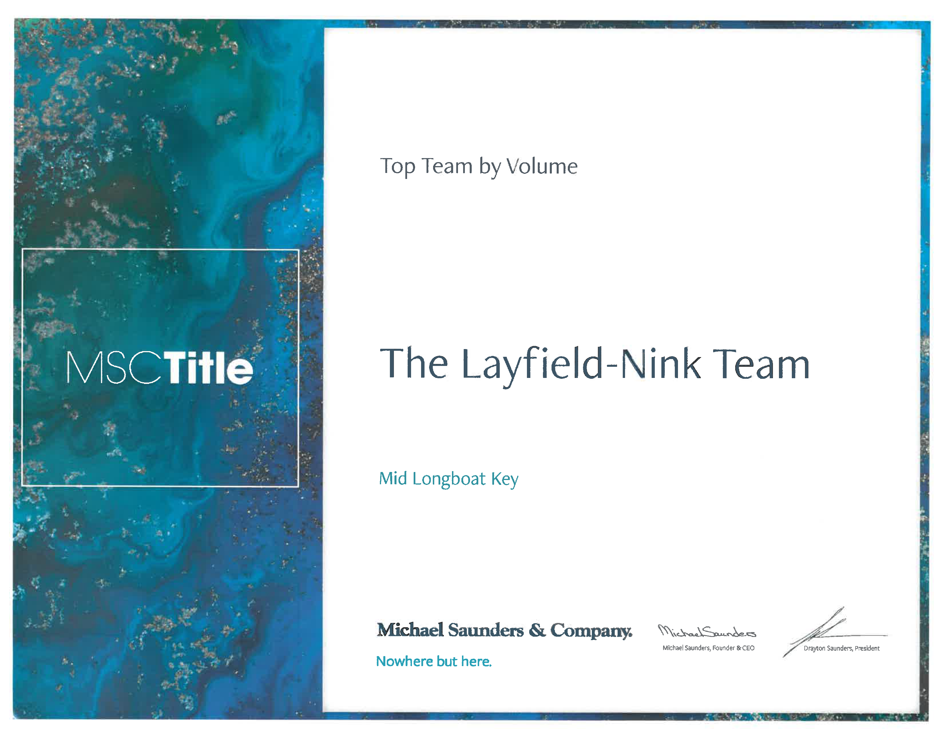 Layfield-Nink Team Top Volume Award 2021 for Longboat Key Properties